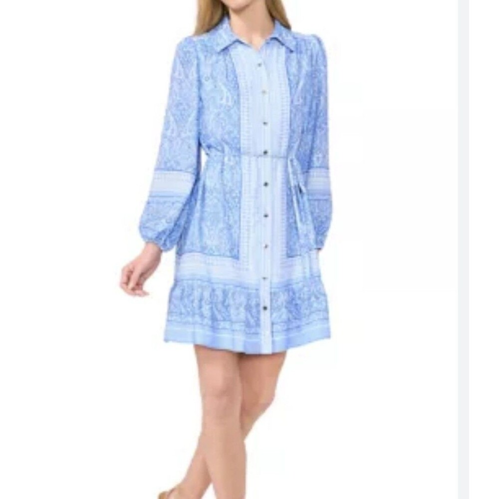 CeCe Dress Petite Light Blue Paisley Print Tie Waist Shirt Dress Buttons Size XL